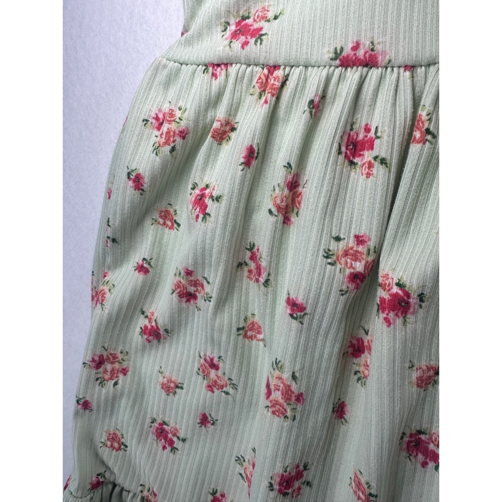 Jessica Simpson Women Floral Ribbed Babydoll Mini Dress Sage Green Pink Rose L - Picture 6 of 12